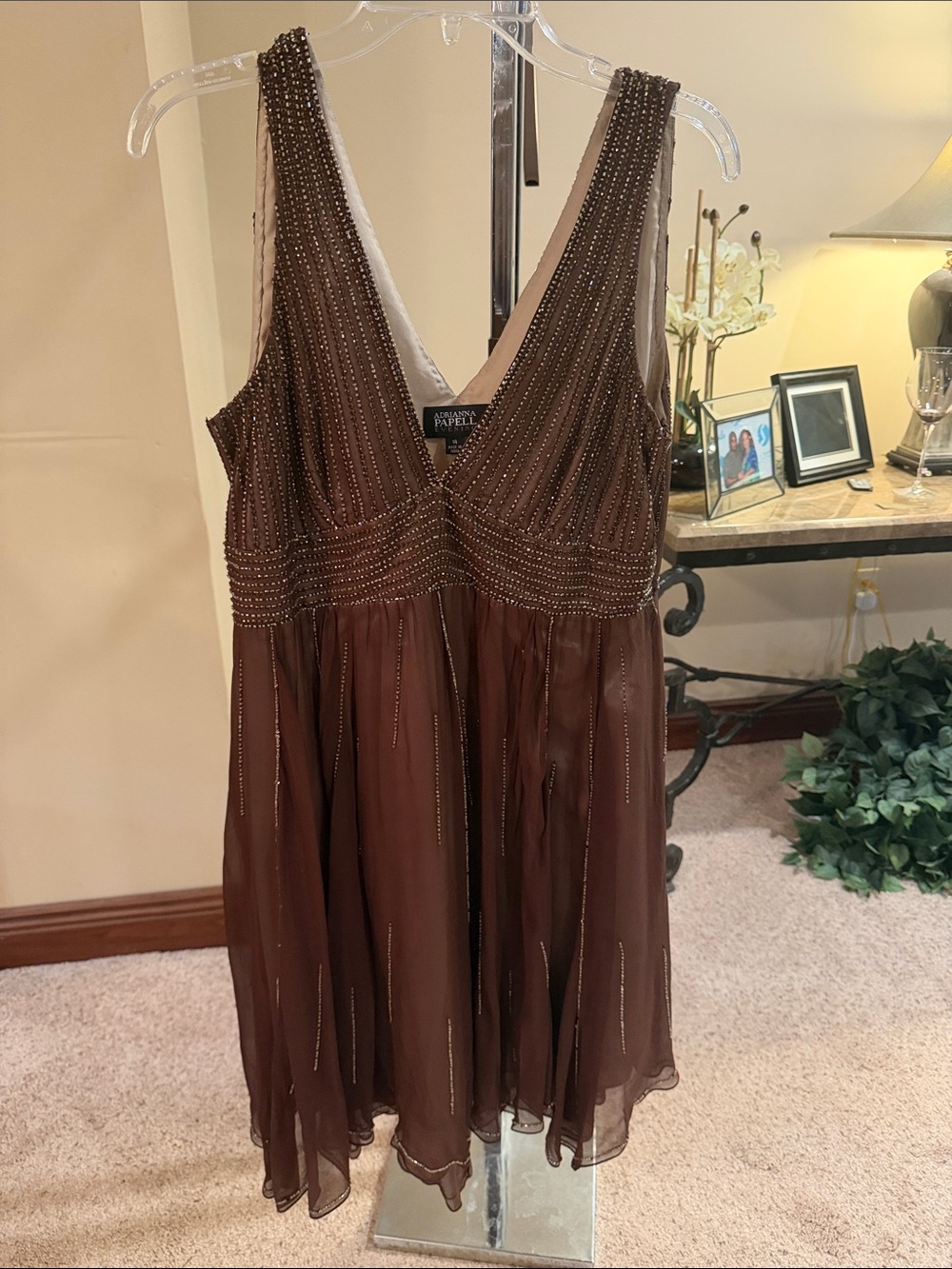 Adrianna Papell Brown Beaded V-Neck Chiffon Cocktail Dress